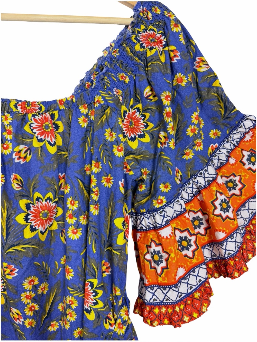 Joie Chloris Baja Blue Cotton Floral Mini Dress L Off Shoulder Boho - Picture 5 of 12